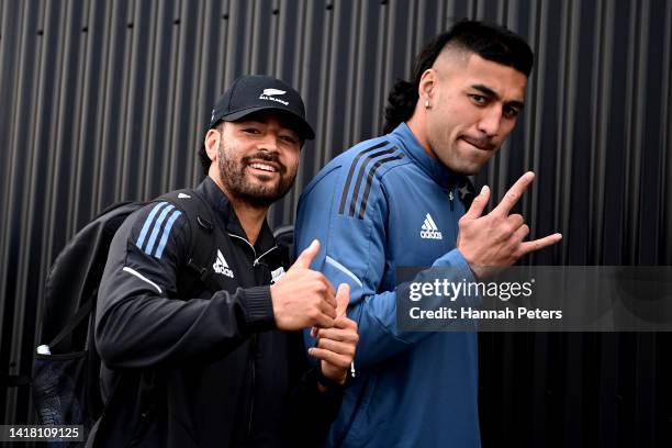 Richie Mo'unga and Rieko Ioane of the All Blacks arrive for the New Zealand All Blacks Captain's Run at Orangetheory Stadium on August 26, 2022 in...