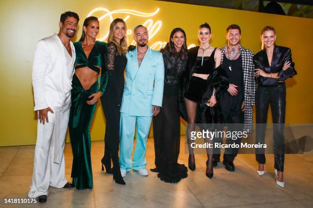 Singer J Balvin poses for pictures with , actor Cauã Raimond, model Izabel Goulart, Valentina Ferrer, actress Bruna Marquezine, model Camila Queiroz,...