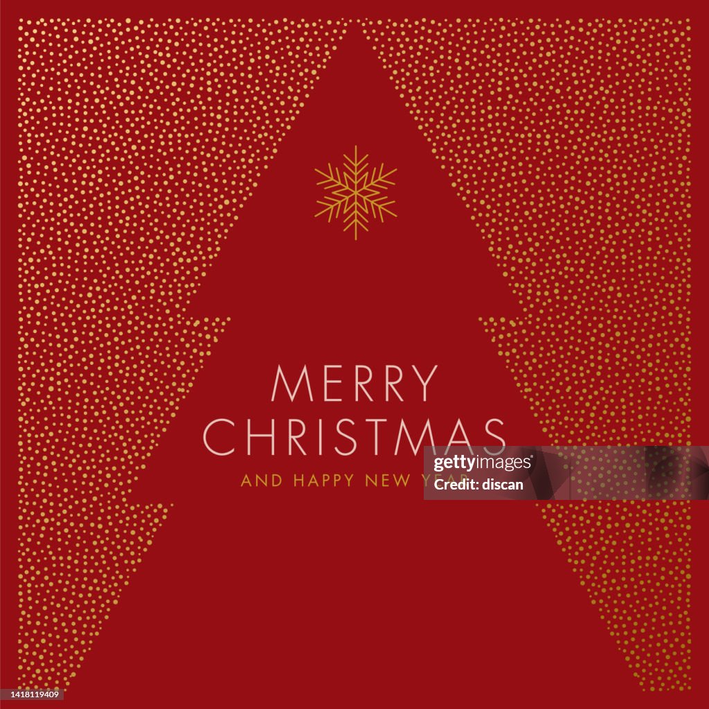 Grußkarte mit Schnee und stilisiertem Weihnachtsbaum.