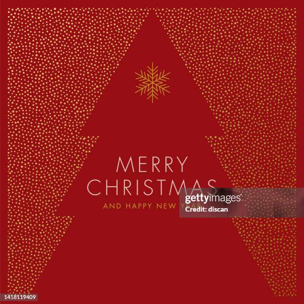grußkarte mit schnee und stilisiertem weihnachtsbaum. - red abstract christmas tree stock-grafiken, -clipart, -cartoons und -symbole
