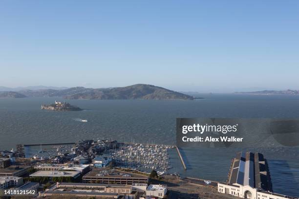 aerial view of fisherman's wharf and alcatraz island in san francisco, california. - san francisco bay region stock-fotos und bilder