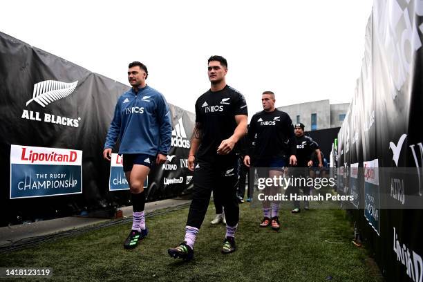 David Havili and Quinn Tupaea arrive for the New Zealand All Blacks Captain's Run at Orangetheory Stadium on August 26, 2022 in Christchurch, New...