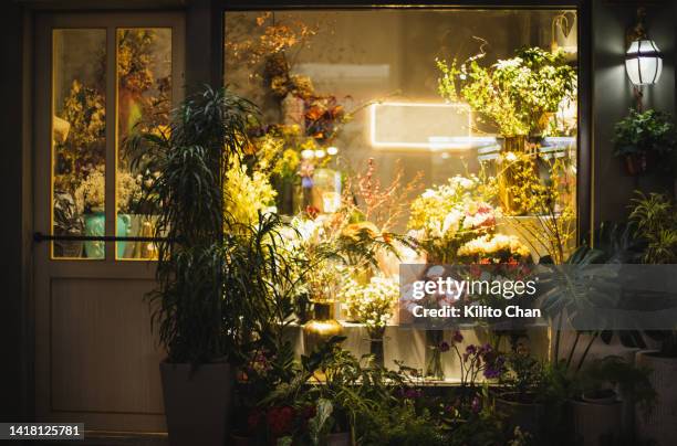 flower shop during the night - florista stock-fotos und bilder