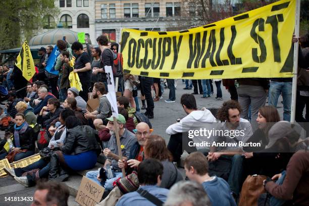 Occupy Wall Street protesters protest in Union Square at the end of a march from Zuccotti Park to Union Square on March 24, 2012 in New York City....