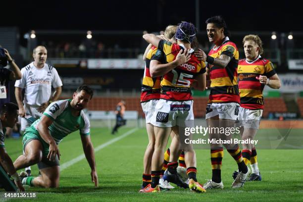 Liam Coombes-Fabling of Waikato celebrates his try during the round four Bunnings NPC match between Waikato and Manawatu at FMG Stadium, on August 26...