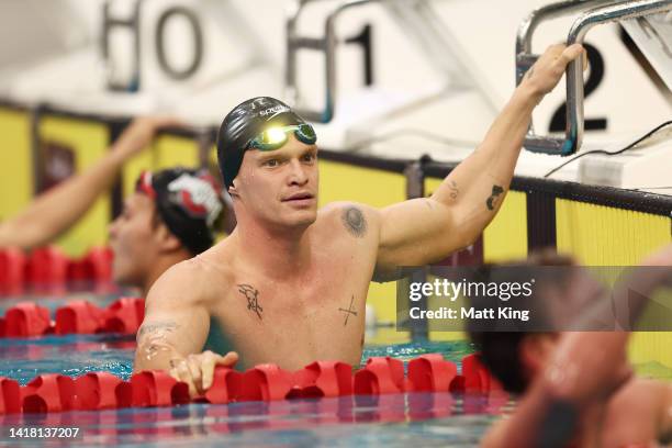 Cody Simpson reacts after competing in the Men's 100m Butterfly Final during the 2022 Australian Short Course Championships at Sydney Olympic Park...