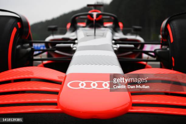 Detail shot of an Audi F1 car after it was announced that Audi will join F1 as an engine supplier from the 2026 season prior to practice ahead of the...