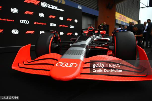 Detail shot of an Audi F1 car after it was announced that Audi will join F1 as an engine supplier from the 2026 season prior to practice ahead of the...