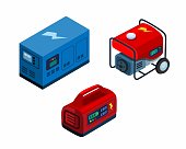 Generator electric power supply portable collection set isometric illustration vector