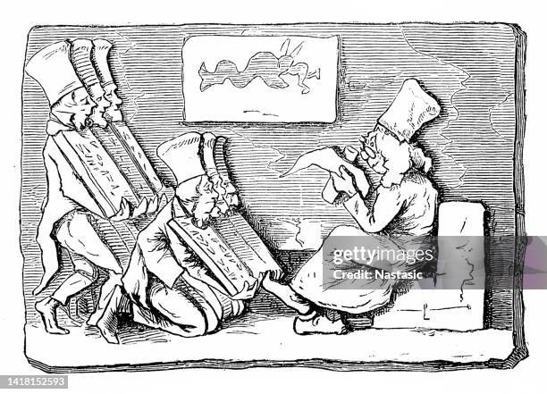 satire comic caricatures illustrations old assyrian ballad - pub interior stock illustrations