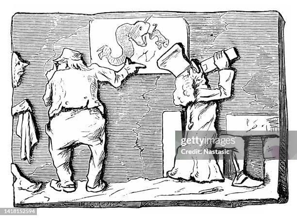 satire comic caricatures illustrations old assyrian ballad - pub interior stock illustrations