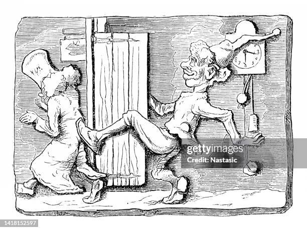 satire comic caricatures illustrations old assyrian ballad - pub interior stock illustrations