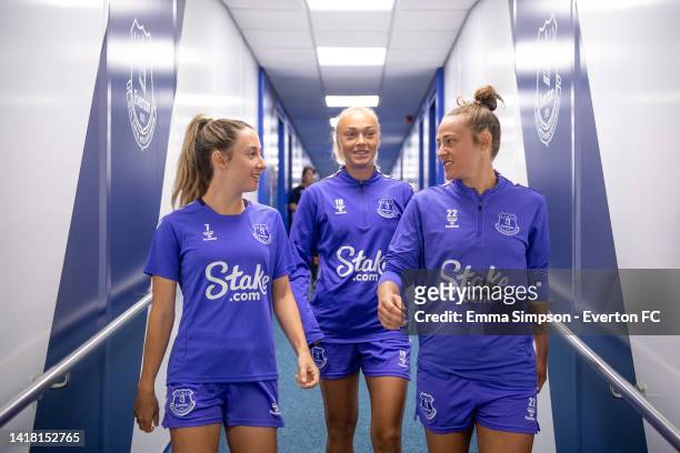 Everton players head to the pitch for the Everton Women's open training session at Goodison Park on August 26, 2022 in Liverpool, England.