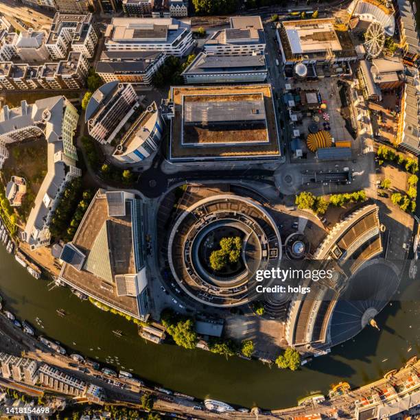 bristol united kingdom aerial shot of top view of round building in city center - bristol stockfoto's en -beelden