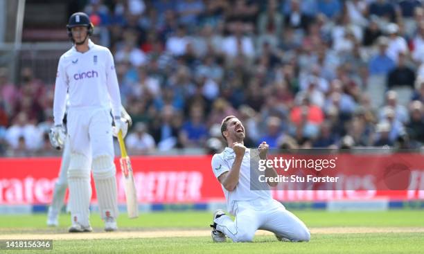 South Africa bowler Anrich Nortje celebrates after taking the wicket of Jonny Bairstow during day two of the second test match between England and...