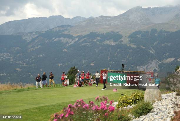 Alexander Bjork of Sweden tees off the 7th hole during Day Two of the Omega European Masters at Crans-sur-Sierre Golf Club on August 26, 2022 in...