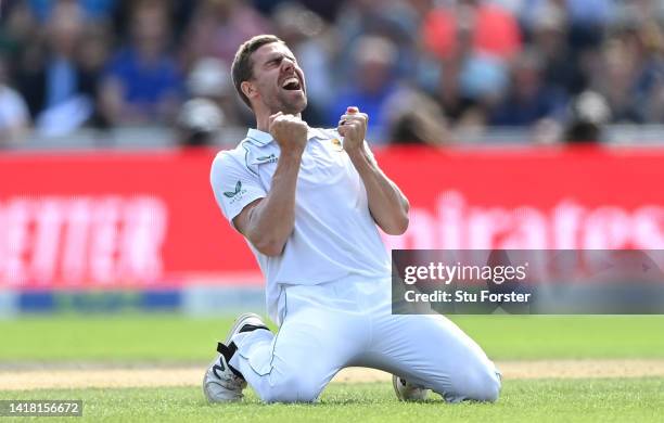 South Africa bowler Anrich Nortje celebrates after taking the wicket of Jonny Bairstow during day two of the second test match between England and...