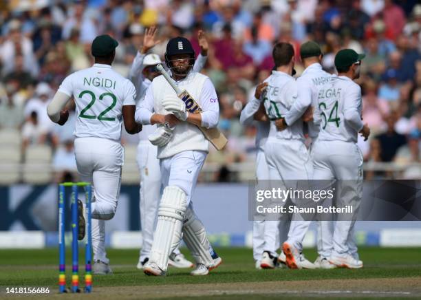 Jonathan Bairstow of England heads back to the pavilion after losing his wicket during day two of the Second LV= Insurance Test Match between England...