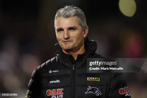 Panthers coach Ivan Cleary smiles during the round 24 NRL match between the Penrith Panthers and the New Zealand Warriors at BlueBet Stadium, on...