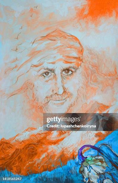 illustration oil painting portrait of a man form of wind and clouds in the sky against a mountain landscape with a field of flowers - oil paint stock illustrations