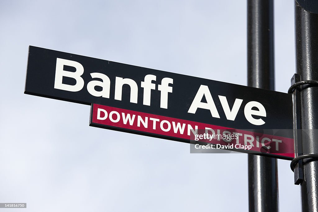 A sign for Banff Ave in the town of Banff, Banff National Park, the Canadian Rockies, Alberta, Canada, North America.