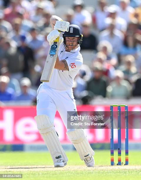 England batsman Ben Stokes drives during day two of the second test match between England and South Africa at Old Trafford on August 26, 2022 in...