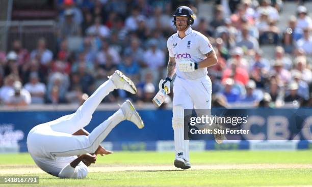 England batsman Ben Stokes picks up some runs past a tumbling Lungi Ngidi of South Africa during day two of the second test match between England and...