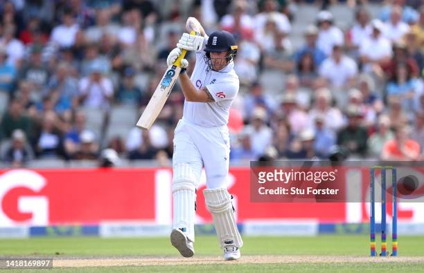 England batsman Ben Stokes drives during day two of the second test match between England and South Africa at Old Trafford on August 26, 2022 in...