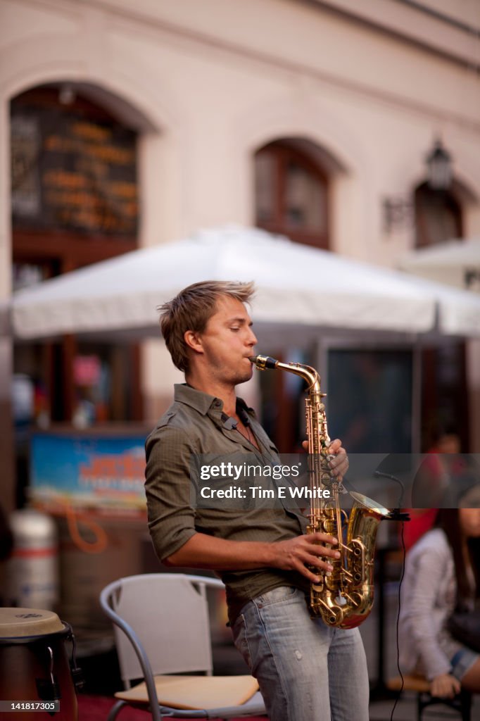 Saxaphone player, Gozsdu Udvar, Budapest, Hungary