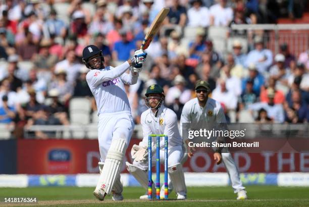 Ben Foakes of England plays a shot as South Africa wicket keeper Kyle Verreynne looks on during day two of the Second LV= Insurance Test Match...