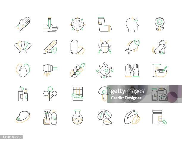 ilustrações de stock, clip art, desenhos animados e ícones de allergy and basic allergens related vector thin line icons. outline symbol collection - peanuts field