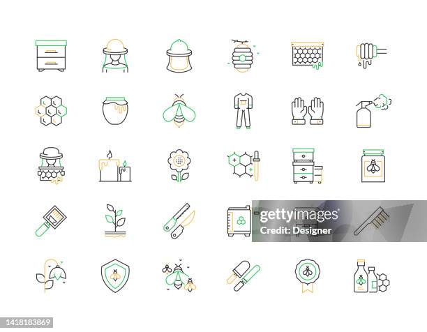 apiary related vector thin line icons. outline symbol collection - worker bee stock illustrations
