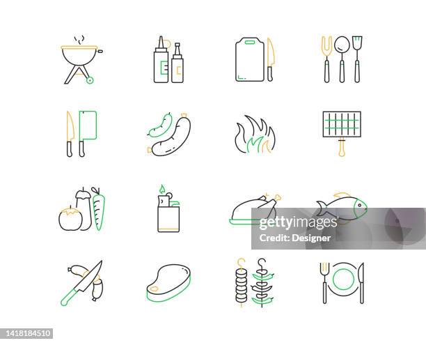 bbq and grill related vector thin line icons. outline symbol collection - barbeque sauce stock illustrations