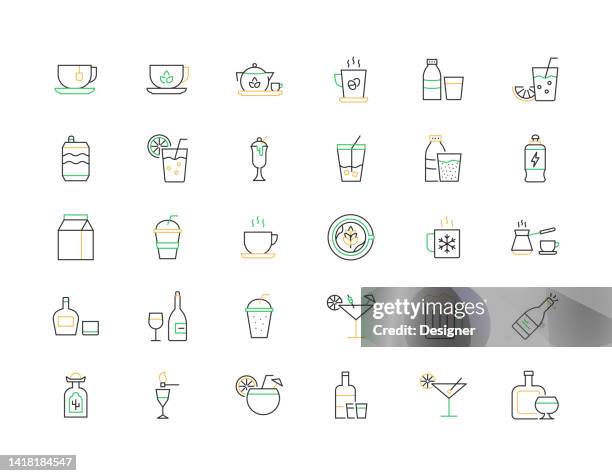 ilustrações, clipart, desenhos animados e ícones de bebidas relacionados vetor thin line ícones. coleção de símbolos de contorno - frozen drink