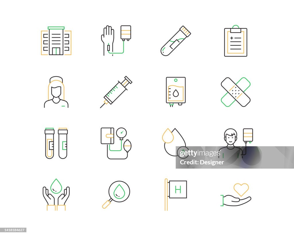 BLOOD DONATION Related Vector Thin Line Icons. Outline Symbol Collection