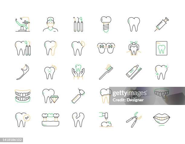 ilustrações, clipart, desenhos animados e ícones de ícones da linha fina do vetor relacionado à dental. coleção de símbolos de contorno - branqueamento dos dentes