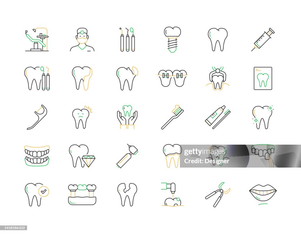 DENTAL Related Vector Thin Line Icons. Outline Symbol Collection