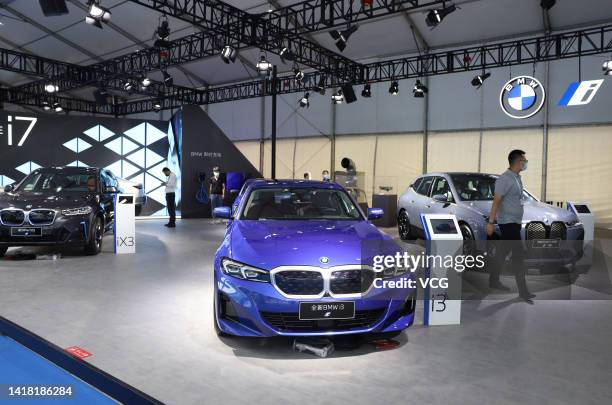 I3 electric car is on display during 2022 World New Energy Vehicle Congress at Beijing Etrong International Exhibition & Convention Center on August...
