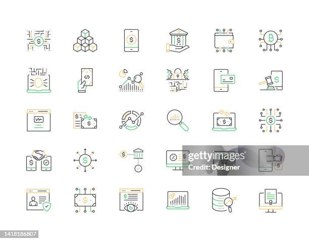 fintech-bezogene vektor-thin-line-symbole. auflistung von gliederungssymbolen - peer to peer stock-grafiken, -clipart, -cartoons und -symbole