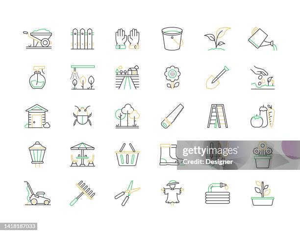 gardening related vector thin line icons. outline symbol collection - botany icon stock illustrations