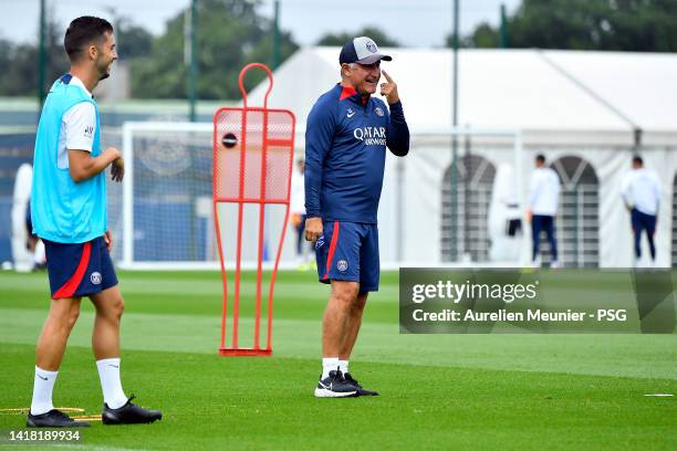 Head coach Christophe Galtier looks on during a Paris Saint-Germain training session at PSG training center on August 26, 2022 in Paris, France.