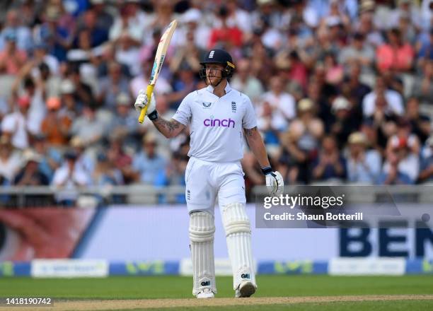Ben Stokes of England reaches his 50 during day two of the Second LV= Insurance Test Match between England and South Africa at Old Trafford on August...
