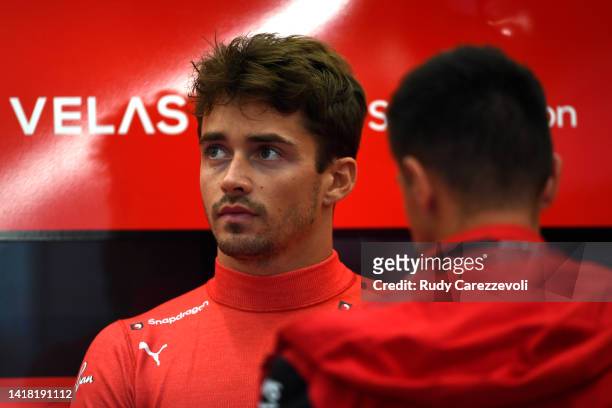 Charles Leclerc of Monaco and Ferrari prepares to drive in the garage during practice ahead of the F1 Grand Prix of Belgium at Circuit de...