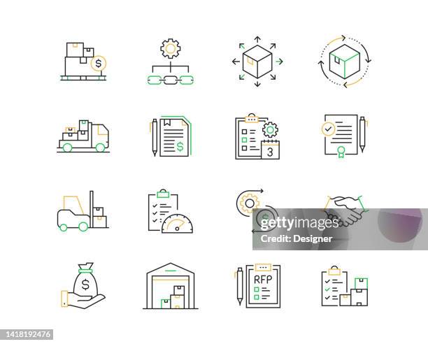 procurement process related vector line icons. outline symbol collection - supply and demand stock illustrations