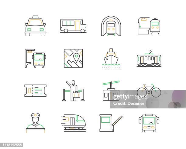 public transport related vector line icons. outline symbol collection - shuttle bus stock illustrations