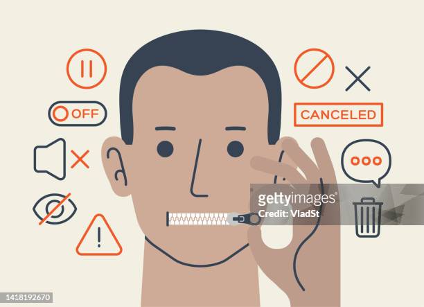 ilustraciones, imágenes clip art, dibujos animados e iconos de stock de autocensura cancelar cultura cierre zipper shut up concepto ilustración - callar