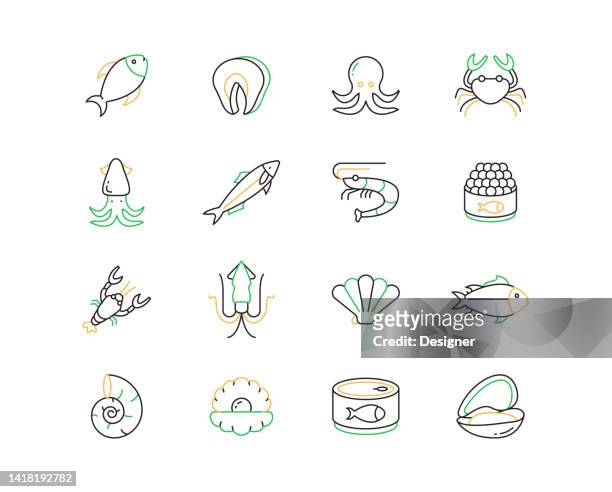 sea food related vector line icons. outline symbol collection - seafood background stock illustrations