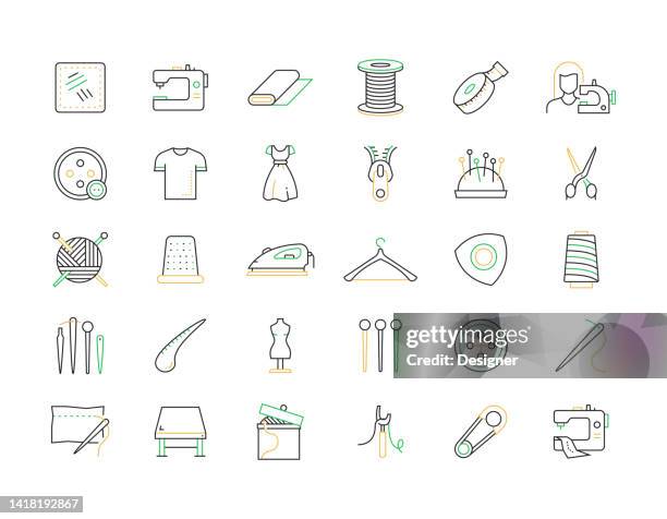 sewing related vector line icons. outline symbol collection - spool stock illustrations