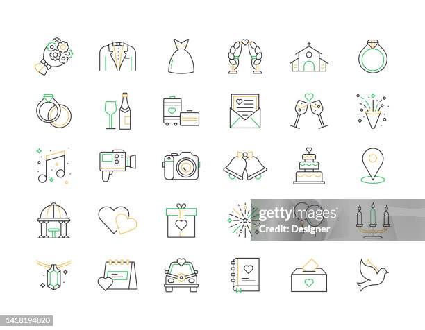 wedding verwandte vektorliniensymbole. auflistung von gliederungssymbolen - church icon stock-grafiken, -clipart, -cartoons und -symbole