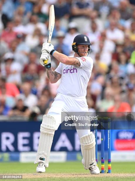 England batsman Ben Stokes hits out during day two of the second test match between England and South Africa at Old Trafford on August 26, 2022 in...